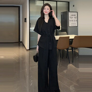 JPUZ大碼法式氣質(zhì)時(shí)尚套裝女夏季微胖mm顯瘦慵懶風(fēng)休閑襯衫褲子兩件套 黑色 3XL 建議160-180斤