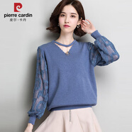 皮爾卡丹（PIERRE CARDIN）網(wǎng)紗袖針織衫女2025春秋新款上衣短款V領(lǐng)露長(cháng)袖薄款毛衣泡泡袖潮 藍色 M 80斤-95斤穿