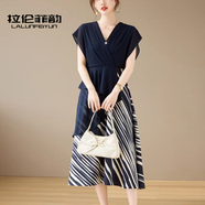拉倫菲韻高端品牌雪紡連衣裙2025夏季新款洋氣減齡顯瘦時(shí)尚媽媽不規(guī)則長裙 藏青色（母親節(jié)禮盒包裝） XL  【90-110斤】