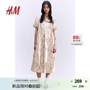 H&M女裝花卉連衣裙秋季甜美印花裙燈籠袖收腰中長(cháng)裙連身裙1244887 柔粉色/圖案 155/80 XS