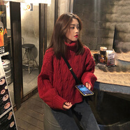 名芮珊加絨加厚毛衣女短款酒紅色高領(lǐng)女秋冬新款寬松慵懶風(fēng)純色麻花針織 酒紅色 S