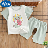 迪士尼（Disney）寶寶純棉短袖短褲分體夏季男女嬰兒童薄款開襠五分褲肩扣T恤套裝 綠色-龍開襠套裝 均碼 80cm