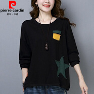 皮爾卡丹長袖t恤女上衣服春秋寬松韓版體恤小衫中年加肥大媽媽裝秋衣外穿 黑色 M 80-100斤