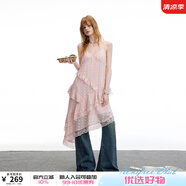 UNIFREE【明星同款】蕾絲吊帶連衣裙多層不規(guī)則純欲小眾中長(zhǎng)款氣質(zhì)蛋糕裙 粉色 M
