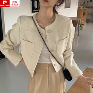 皮爾卡丹（pierre cardin）韓國chic秋季法式氣質(zhì)圓領(lǐng)別致紐扣雙口袋百搭長袖小香風(fēng)短外套女 米白色 均碼