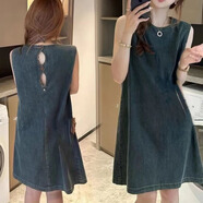 簡(jiǎn)約復古無(wú)袖牛仔連衣裙女歐洲站2025夏季韓版顯瘦背心中長(cháng)裙 深藍 S 80-100斤