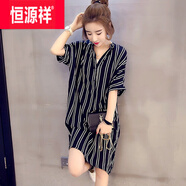 恒源祥2025夏季新品豎條紋中長款雪紡含冰絲連衣裙女短袖遮肚V領(lǐng)襯衣 條紋 M【建議80-100斤】