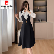 皮爾卡丹高腰背帶裙時(shí)尚減齡套裝裙女秋冬無(wú)袖背心設計感襯衣兩件套 黑色 套裝 L