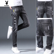 花花公子 牛仔褲男士秋季新款彈力修身小腳褲男款休閑百搭男褲韓版潮流 6636黑色單條【微彈/修身】 32 腰圍2尺5左右