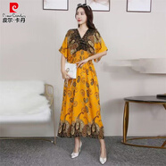 皮爾卡丹（pierre cardin）波西米亞棉綢碎花連衣裙長(cháng)款前后V領(lǐng)沙灘裙氣質(zhì)泰國度假長(cháng)裙旅游 腰果黃 2XL
