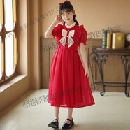 DOMIAMIA女童連衣裙夏季新款洋氣雪紡裙子中大童女孩長(zhǎng)款泡泡袖公主裙 紅色 110 cm