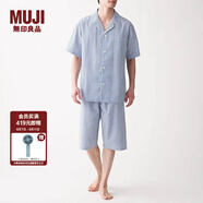 無(wú)印良品（MUJI）男式 無(wú)側(cè)縫泡泡紗短袖睡衣男士家居服套裝男款夏季純棉全棉 藍(lán)色條紋 S