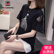 AEMAPE女裝2025夏季新款時(shí)尚上衣女夏裝洋氣寬松蕾絲拼接T恤女 黑色 3XL