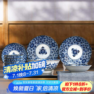 美濃燒（Mino Yaki）日本進(jìn)口陶瓷碗碟套裝大號湯面碗家用餐具套裝 藍(lán)華10件套