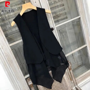 皮爾卡丹（pierre cardin）雪紡馬甲女外穿百搭薄2025夏新款外套女潮流背心中長款坎肩開衫潮 黑色 3XL 134-150斤