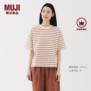 無(wú)印良品（MUJI）女式 條紋 圓領(lǐng)短袖T恤 上衣打底衫女款內(nèi)搭女裝女士 煙熏橙色條紋 S (155/80A)