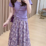 皮爾卡丹（pierre cardin）夏季新款圓領(lǐng)短袖紫色薄款氣質(zhì)減齡印花碎花清新半身裙套裝 裙子+上衣 M 80-100