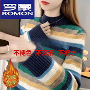 羅蒙（ROMON）羊絨衫女半高領(lǐng)毛衣女2023秋冬季新款韓版寬松針織羊毛衫加厚外穿 藏青色 加絨 S 建議95斤以內(nèi)