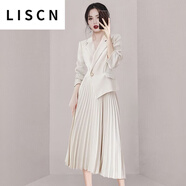 LISCN西裝連衣裙女2025秋款歐美大碼女裝胖MM不規(guī)則下擺百褶氣質(zhì)中長裙 白色 L [建議105-115斤以內(nèi)]