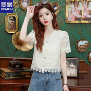羅蒙（ROMON）2025夏季新款時(shí)尚鏤空減齡上衣女短袖蕾絲襯衫小心機上衣小個(gè)子 杏色 XL