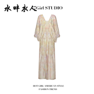 水畔衣人高檔小眾感休閑復(fù)古寬松長款V領(lǐng)蝙蝠袖連衣裙春秋季中袖A字長裙 黃底彩花 M