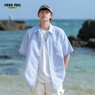 Foss Phil襯衫男士夏季工裝寬松休閑條紋短袖薄款襯衣外套2513藍色XL