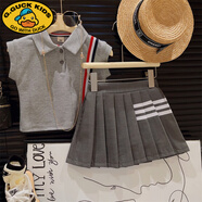G.DUCKKIDS2025夏裝新款洋氣女童英倫學(xué)院風(fēng)Polo領(lǐng)條紋蝙蝠衫百褶短裙兩件套 灰色條紋Polo衫百褶裙兩件套 170 吊牌90適合90cm