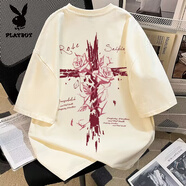 花花公子（PLAYBOY）2025夏季新款復(fù)古十字架虛幻玫瑰字母印花純棉短袖t恤男寬松圓領(lǐng) 杏色 S