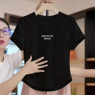 纖蕓沐短袖t恤女2025新款半袖上衣體恤衫弧形遮肉顯瘦百搭休閑短袖女 黑色ODE-短袖 L 建議110-120斤