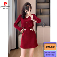 皮爾卡丹（pierre cardin）赫小本香風(fēng)洋派少女酒紅色小禮服甜美氣質(zhì)燈芯絨長(cháng)袖假兩件洋裝 酒紅色 高定版 S