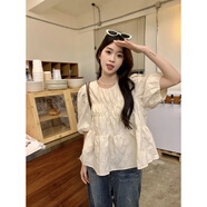 古闌迪莉短袖女大碼200斤2-300斤法式甜美泡泡袖襯衫夏季胖mm寬松褶皺巨顯 刺繡娃娃領(lǐng)速干工作服不規(guī)則同款 L 建議80-110斤