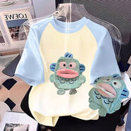吉賽倫小丑魚抽紙短袖 阿呆衣服女童T恤短袖搞笑上衣夏季小丑魚t恤 杏插淺藍(lán)色短袖-丑魚抽紙款 130 建議45-55斤