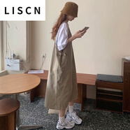 LISCN背帶連衣裙兩件套胖MM女裝2-300斤寬松顯瘦遮肚韓版鹽系夏季新款 卡其色背帶裙 XL 建議[115-150斤]