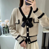 溥畔撞色系帶蝴蝶結(jié)軟糯毛衣女秋冬季百搭V領(lǐng)修身顯瘦針織衫上衣 卡其色 均碼