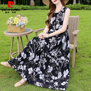 皮爾卡丹（pierre cardin）夏季新款法式無(wú)袖吊帶棉綢連衣裙女大擺沙灘裙多巴胺風(fēng) 30號(hào) XL 建議90-115斤