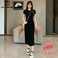 AEMAPE黑色連衣裙夏季女氣質(zhì)長(zhǎng)裙2025新款裙子開叉收腰褶皺顯瘦包臀裙子 黑色 XL 建議115-125斤左右