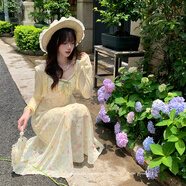 織物豬 盛夏葵野 植物系穿搭黃色碎花吊帶連衣裙女夏日度假長(cháng)裙子 開(kāi)衫 XS 75-85斤