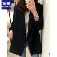 羅蒙2025春秋新款大碼小西裝女胖mm中長款寬松休閑西服職業(yè)外套200斤 黑色 XL