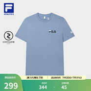 FILA官方男子短袖T恤夏季簡(jiǎn)約圓領(lǐng)運(yùn)動(dòng)男裝上衣休閑針織套頭衫 鐵漆藍(lán)-DB XL 180/100A