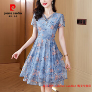 皮爾卡丹（pierre cardin）小個子碎花雪紡連衣裙女夏季2025新款媽媽裝氣質(zhì)收腰顯瘦洋氣裙子 藍色 XL 建議90-105斤