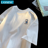LAXSESU短袖t恤男女ins韓版寬松情侶裝夏季圓領薄款白色打底衫男 小哆啦A夢短袖白純棉重磅 S 適合80-100斤以內穿