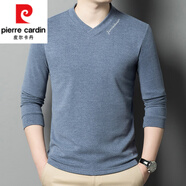 皮爾卡丹（pierre cardin）雙面德絨長(cháng)袖T恤男V領(lǐng)打底小衫磨毛含羊毛保暖秋衣中年春秋裝上衣 藍色 M 165