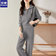 羅蒙2025時(shí)尚秋冬女裝休閑運(yùn)動(dòng)跑步服拉鏈翻領(lǐng)長(zhǎng)袖衛(wèi)衣闊腿褲兩件套 圖片灰色（款兩件套） XL