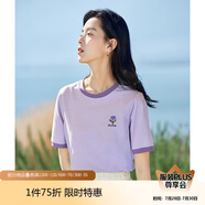 茵曼涼感撞色繡花女裝正肩短袖t恤2025夏季新品打底衫上衣 淺紫色1 M