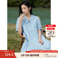 茵曼（INMAN）2025夏女新款田園娃娃裙切爾西領(lǐng)泡泡袖A字連衣裙 淺水藍(lán) -18525990 XL