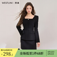 西遇氣質(zhì)優(yōu)雅小香風(fēng)方領(lǐng)外套女2025春季高級(jí)感珍珠扣配腰帶上衣 黑色 M (160)