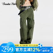 古由卡（GUUKA）HERO多口袋直筒休閑工裝長(zhǎng)褲女士潮牌顯腿長(zhǎng)高級(jí)分割褲子寬松百搭 軍綠 M