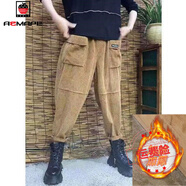 AEMAPE 2025春秋新款加絨加厚燈芯絨工裝褲女高腰哈倫蘿卜條絨 卡其色加厚款 加絨 S 建議85-105斤