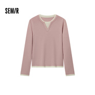 森馬（Semir）毛衣女短款假兩件含羊毛針織衫2024冬季新款修身保暖軟糯v領(lǐng)內(nèi)搭 白紅色調(diào)00416 L /165/88A