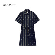 GANT女士翻領(lǐng)中長(zhǎng)裙簡(jiǎn)約復(fù)古襯衫裙條紋印花收腰系帶連衣裙 433夜藍(lán)色 均碼 42
